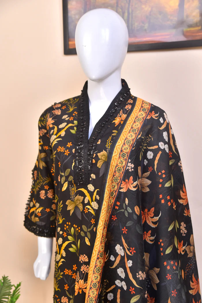 Luxury Embroidered Midnight Cotton 3PC Suit