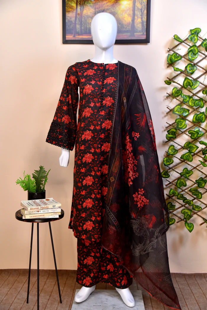 Luxury Embroidered Cotton 3PC with Geometric Print Dupatta