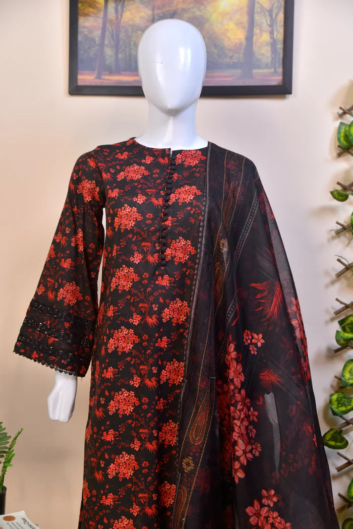 Luxury Embroidered Cotton 3PC with Geometric Print Dupatta