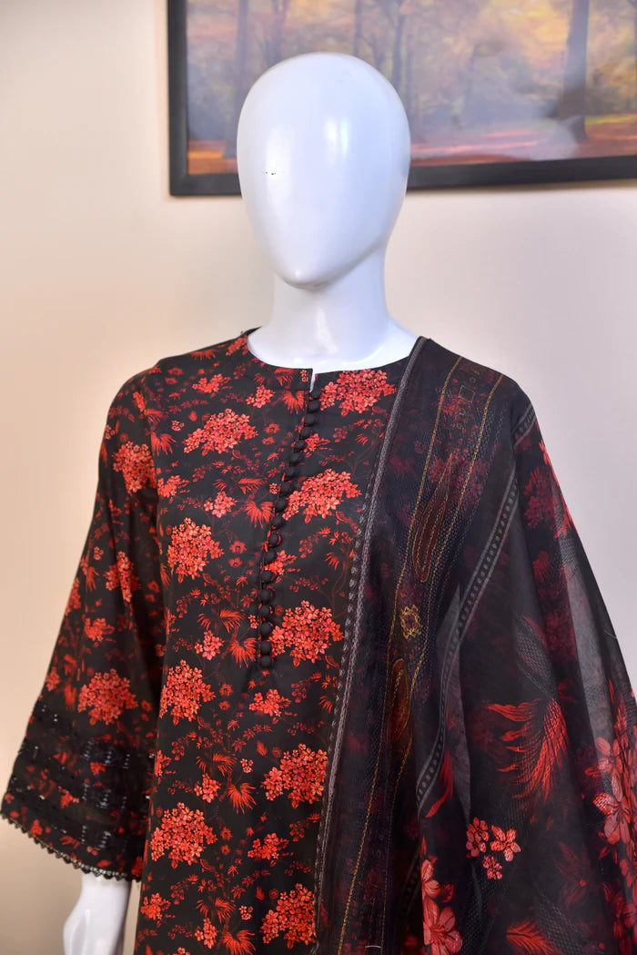 Luxury Embroidered Cotton 3PC with Geometric Print Dupatta