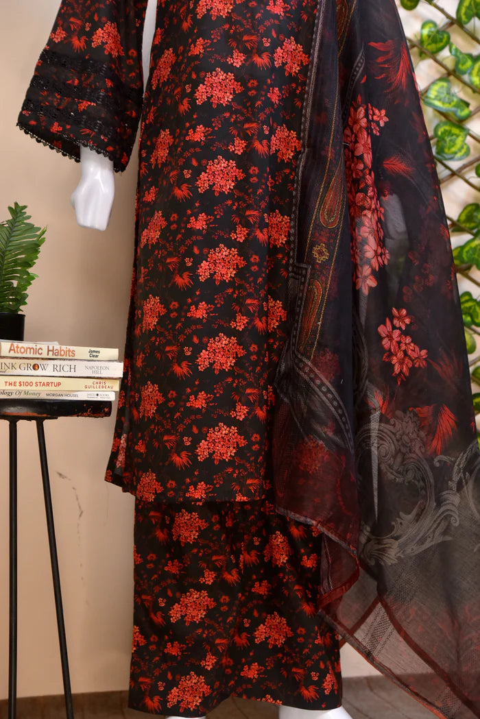 Luxury Embroidered Cotton 3PC with Geometric Print Dupatta