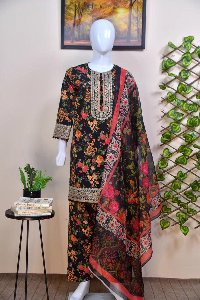 Luxury Embroidered Lawn 3PC with Farshi Shalwar