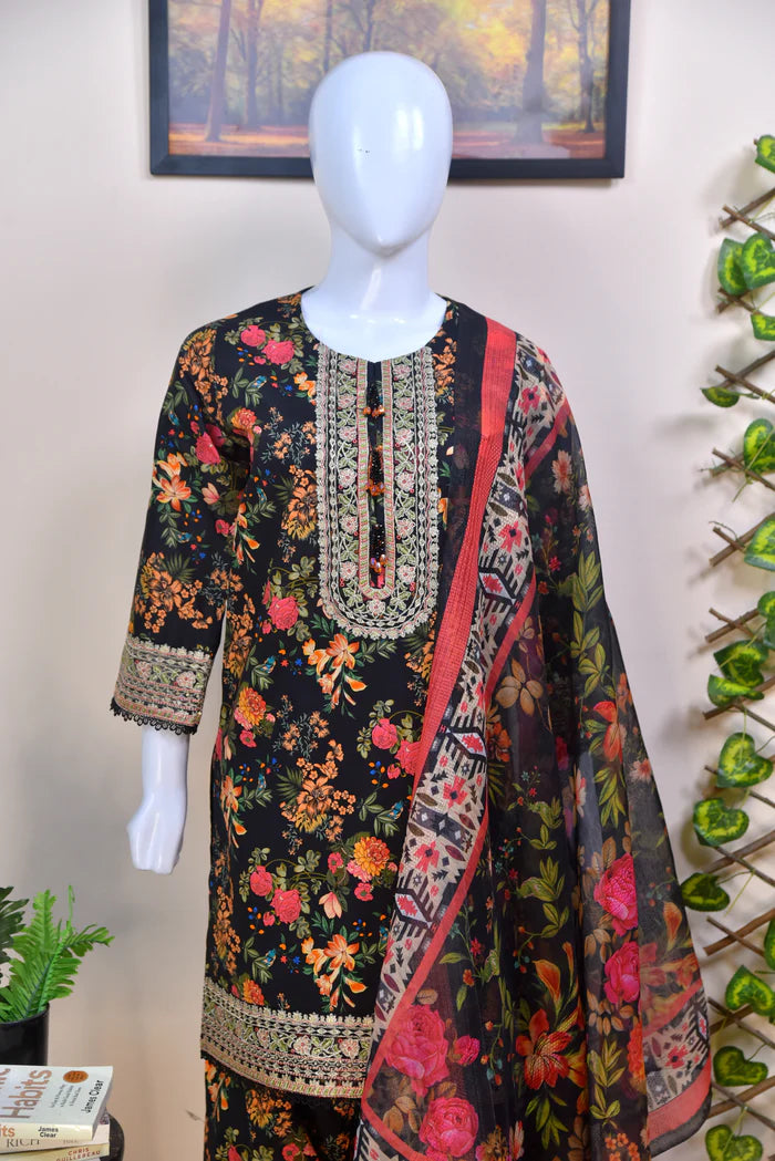 Luxury Embroidered Lawn 3PC with Farshi Shalwar